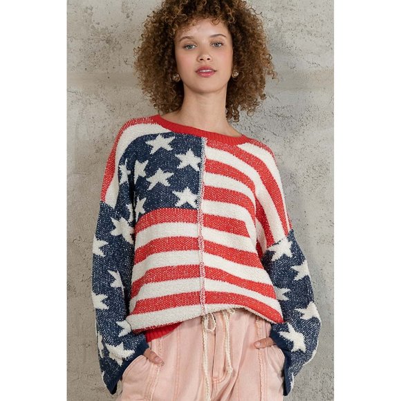 POL Red Blue Soft Stars Stripe Pattern Fleece Relaxed Fit Pullover Sweater - Picture 6 of 9